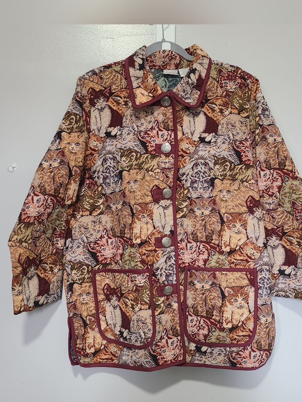 Vintage Blair Multicolor Tapestry Cat-Print Quilted Jacket